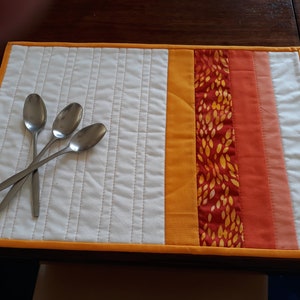 Set of four quilt place mats, Modern quilt placements, Handmade orange white placements, Bright dining table mats, Quilt tableware,