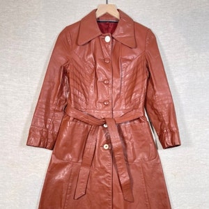 Visible Mending Vintage 60s 70s Cognac Brown Leather Belted Long Coat Womens US 6 Made in USA Long Duster Jacket