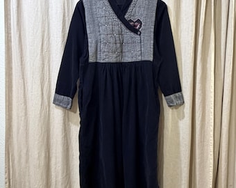 70s 80s Ravisani Quilted Patchwork Corduroy Dress Black Gray XS Long Sleeve, Vintage