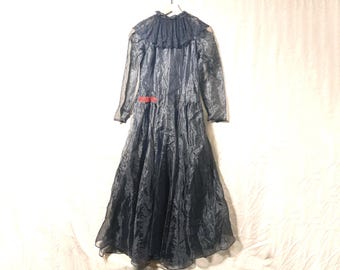 Vintage 1970s Sheer Black Midi Dress with Ruffle Collar (US Small)
