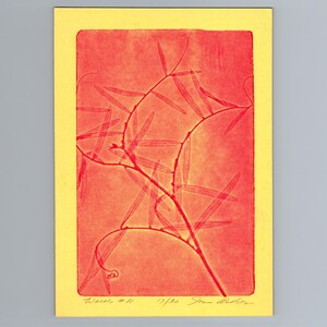 May include: A rectangular print featuring a red botanical illustration of a vine with slender leaves on a yellow background. The print includes the handwritten text "Weeds #11" on the left, "17/30" in the center, and a signature on the right.