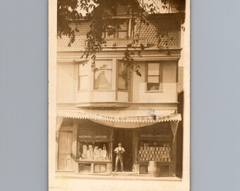 1910s Grocery Store Hardware Crockery Shopkeeper Storefront RPPC Vintage