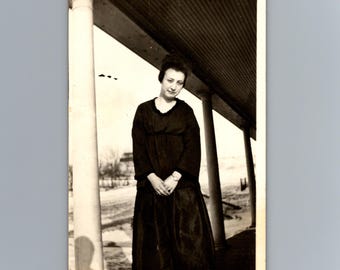 1910s Woman Black Dress Porch Full Length Portrait RPPC Antique Postcard