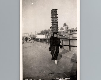 1940s Baghdad Iraq Woman Carrying Baskets Eldorado Photo Postcard Vintage