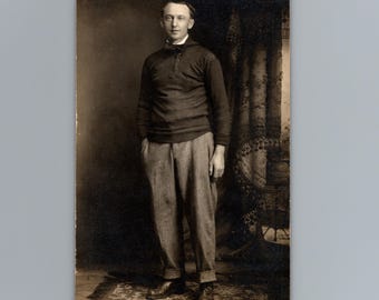 1910s Man Bow Tie Trousers Full Length Studio Portrait RPPC Antique Postcard