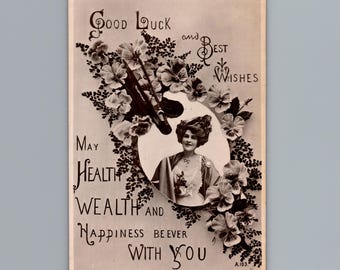 1910s Good Luck Best Wishes Woman Flowers Percy Redjeb English Postcard Vintage