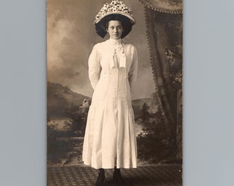 1900s Edwardian Woman Giant Floral Hat White Dress Studio Portrait AZO RPPC