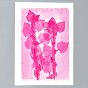 May include: A rectangular art print featuring a vibrant hot pink botanical illustration of two leafy plant stems against a textured, horizontally lined background. The print includes handwritten text at the bottom, reading Weeds #3, 14/35, and a signature.