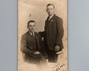 1910s Two Men Edwardian Suits Friendship Portrait RPPC Vintage