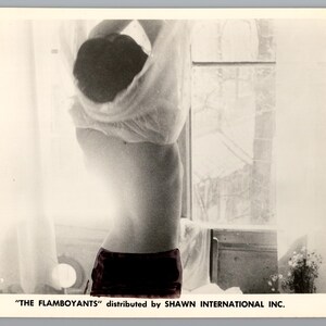 May include: A black and white vintage film still featuring a person from the back, lifting a light-coloured garment over their head. The lower body is covered by a dark garment. The text reads THE FLAMBOYANTS distributed by SHAWN INTERNATIONAL INC.