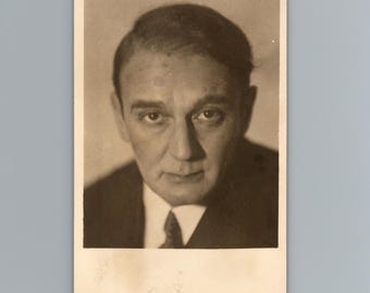 1930s European Gentleman Suit Tie Dramatic Studio Portrait Real Photo Postcard Vintage