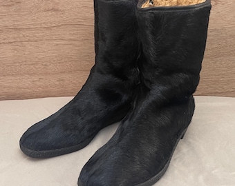 50s 60s Black Pony Hair Ankle Boots Sherpa Lined Side Zip EU 39