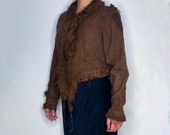 Upcycled 70s Linen Blouse: Raw-Edged Ruffle Collar, US Size Small
