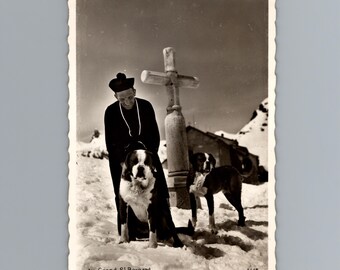 1930s Grand St Bernard Monk Dogs Swiss Alps Photo Postcard Vintage