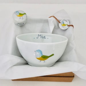 Personalized Birth Gift, Box consisting of a bowl, a baby tooth box and a bracelet hand-painted in porcelain