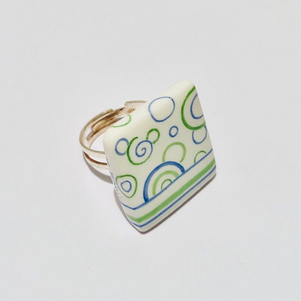 Bague en porcelaine ajustable en argent 925 Art Nouveau