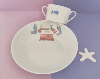 Baby gift, personalized porcelain plate and matching cup in a gift box