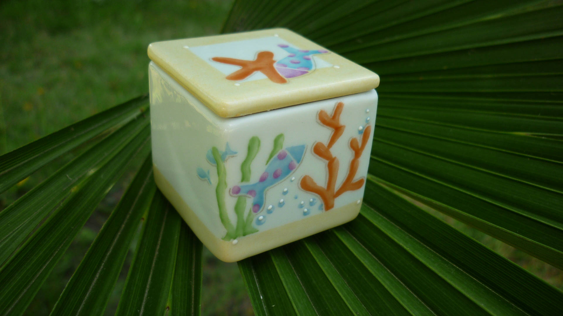Petite Boîte Haute Aquarium Peinte Main en Porcelaine 4x4cm