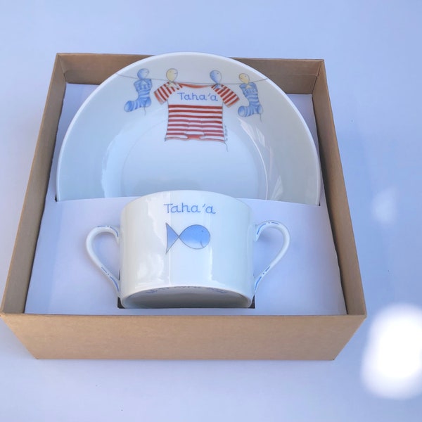 Coffret cadeau de naissance, baptême personnalisé composé d'une assiette et d'une timbale en porcelaine, cadeau enfant bébé Noël