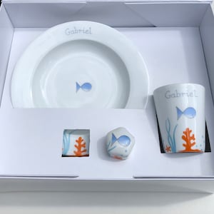 Personalized birth gift, Box consisting of a plate and a cup and a small box hand-painted children's gift