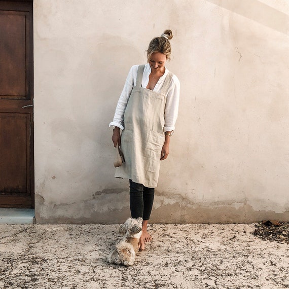 Leinen Schürze Alva natur, Schürze mit Taschen, Leinenschürze ohne