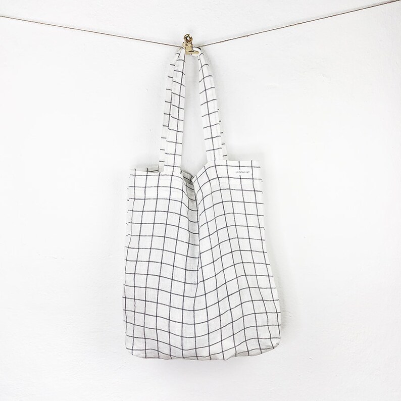 Linen bag Smilla white plaid shopping bag jute bag soft linen bag linen bag large