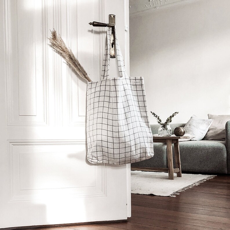 Linen bag Smilla white plaid shopping bag jute bag soft linen bag linen bag large