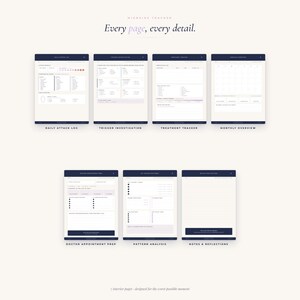 May include: A migraine tracker planner featuring seven distinct interior pages with dark blue headers. The pages include a daily attack log, trigger investigation, treatment tracker, monthly overview, doctor appointment prep, pattern analysis, and notes.