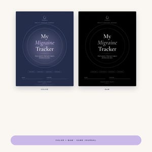May include: Two health tracking journals titled My Migraine Tracker, one in dark blue and one in black. Both feature a central circle design, the text Track smarter. Find your triggers. Reclaim your days., and fields for name and started date.