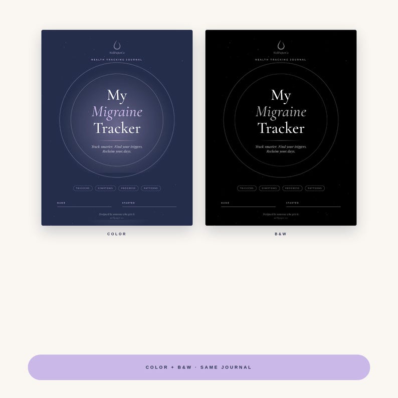 May include: Two health tracking journals titled My Migraine Tracker, one in dark blue and one in black. Both feature a central circle design, the text Track smarter. Find your triggers. Reclaim your days., and fields for name and started date.