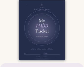 May include: A dark blue health tracking journal cover titled My PMDD Tracker with a central circular graphic. The text includes Health Tracking Journal, The luteal week, on paper, and labels for Luteal, Mood, Sleep, and Patterns. It has 20 pages.