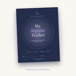 May include: A dark blue health tracking journal titled My Migraine Tracker. The cover features a central circular graphic, the text Track smarter, Find your triggers, Reclaim your days, and sections for Triggers, Symptoms, Progress, and Patterns.