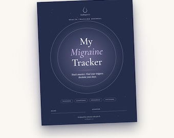 May include: A dark blue health tracking journal titled My Migraine Tracker. The cover features a central circular graphic, the text Track smarter, Find your triggers, Reclaim your days, and sections for Triggers, Symptoms, Progress, and Patterns.