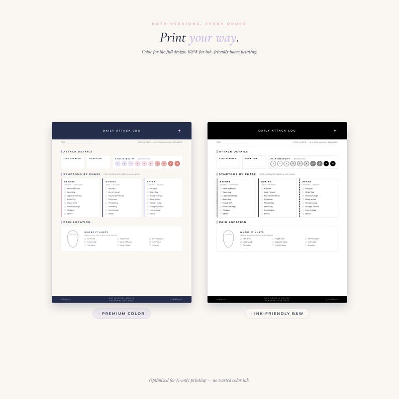 May include: Two printable daily attack log templates. One version features a dark blue header with pink intensity circles, while the other is black and white. Both include sections for attack details, symptoms by phase, and a pain location diagram.