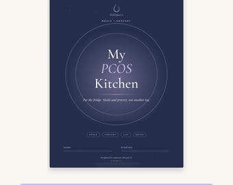 May include: A dark blue digital planner cover titled My PCOS Kitchen with the subtitle For the fridge. Meals and grocery, not another log. It features a central circle design, navigation buttons for meals, grocery, list, and notes, plus lines for name and date started.