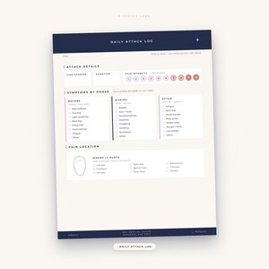 May include: A Daily Attack Log paper form with a dark blue header and cream background. It features sections for attack details, symptoms by phase, and pain location with a head diagram. The form includes checkboxes and a pain intensity scale.