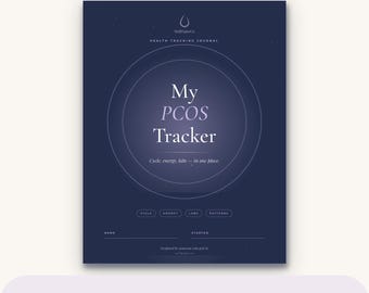 May include: A dark blue health tracking journal cover titled My PCOS Tracker with a central circular graphic. The text reads Cycle, energy, labs - in one place, with labels for Cycle, Energy, Labs, Patterns, Name, and Started. It includes 20 pages.