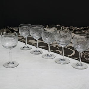 Antique Etched Shot Glass Set of 6 | Liquor Glasses- Barware Set