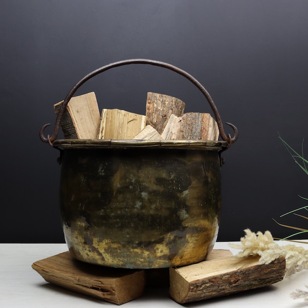 Antique Brass Cauldron-Firewood Holder | Copper Cauldron-Fireplace Decor | Vintage Home Decor