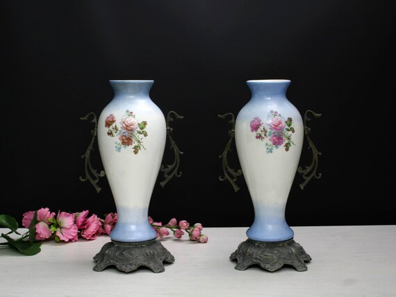 花瓶・フラワースタンド Vintage French Art Pottery Vase Antique French Ceramic Vases With Flower Transfer Print and Cast