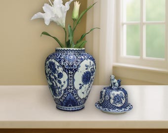 Vintage Delft Blue Ginger Jar Vase – Royal Sphinx, Foo Dog Lid
