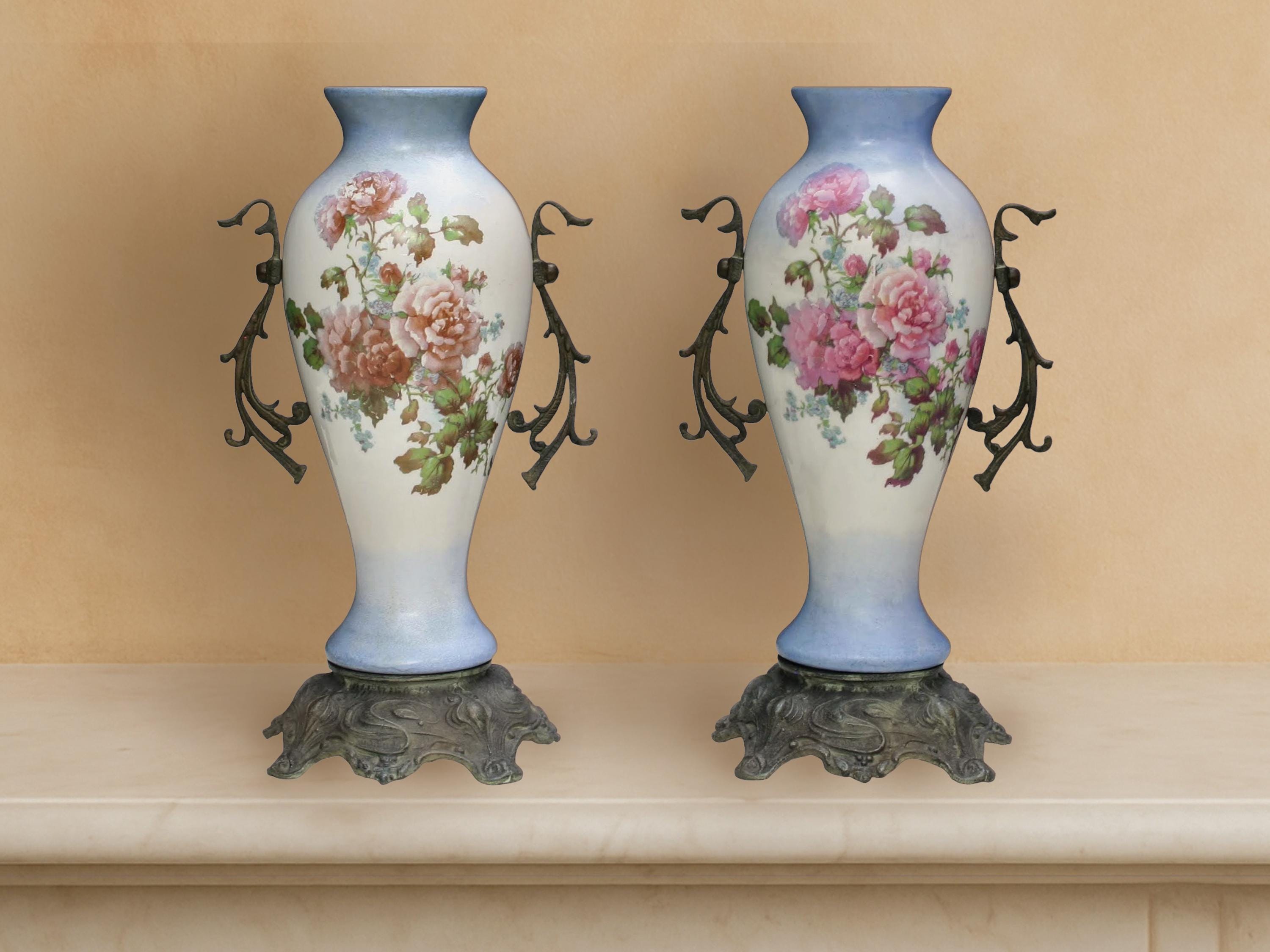 花瓶・フラワースタンド Vintage French Art Pottery Vase Antique French Ceramic Vases With Flower Transfer Print and Cast