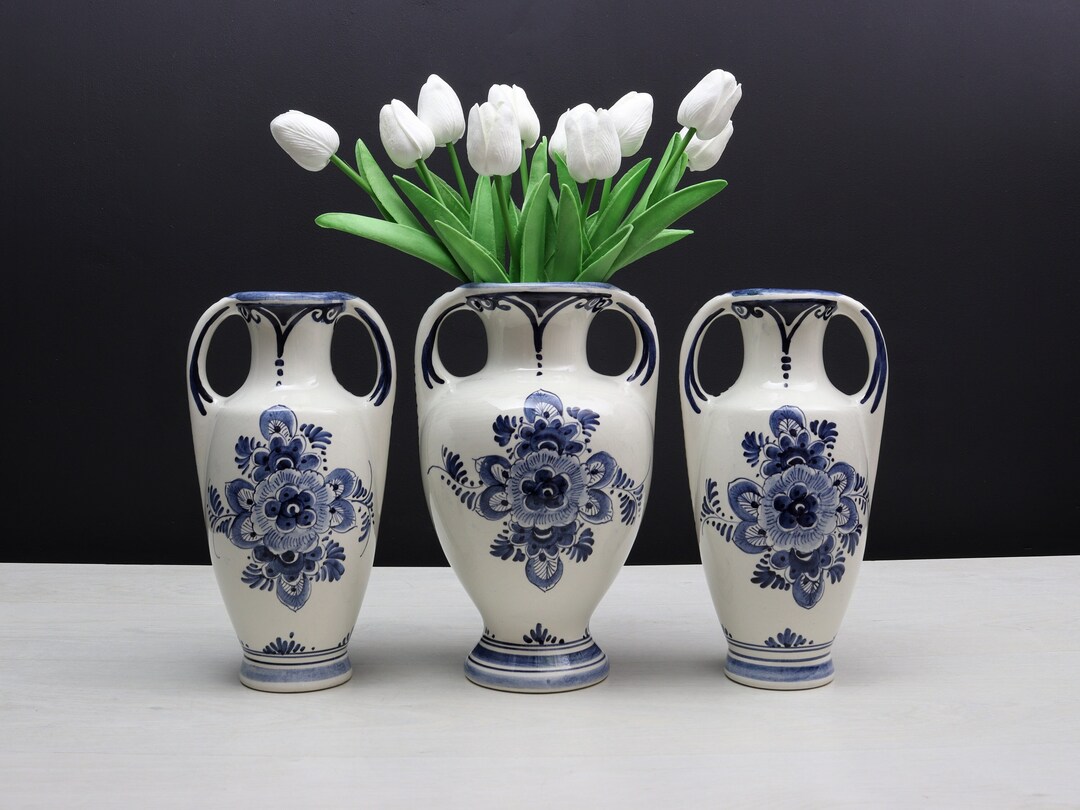 Delft Blue and White Vase Set Delft Pottery, Decorative Vases Vintage