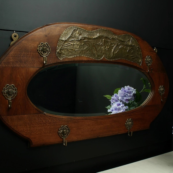 Miroir vintage unique \ porte-manteau mural en bois