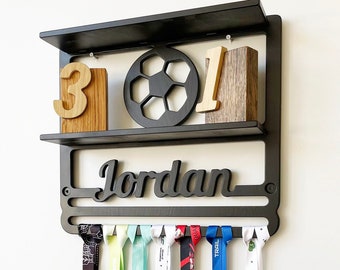 Football Trophy shelf, Soccer Medal Display Rack, Personalized Football Gifts, Custom Football Player Gift, Name and Sports Figure Shelves