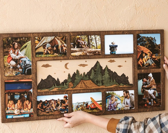 Family travel photo collage picture frame, wooden, custom 10 photos frames, Family trip photo frame, Engagement photo frame