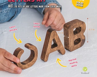 Wood Alphabet for Kids, Montessori learning with educational toys, abc gifts for kids, toddlers, preschool and homeschool supplies