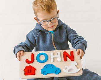 Puzzle prénom en bois pour bébé garçon ou petite fille - Cadeau parfait pour un 1er anniversaire |