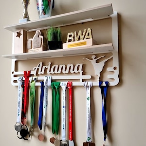 Double shelf Medal display hanger with custom name and sports figure, Medal holder perfect birthday gift for kids, Tropfies shelf and rack