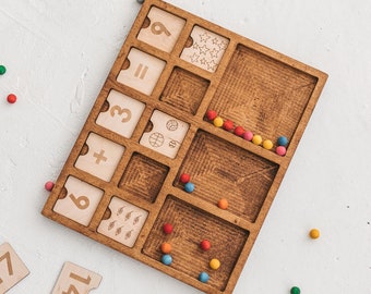 Wooden math and counting tray for homeschool and kindergarten, Montessori materials - learn Math games - Preschool Numbers and Counting tray